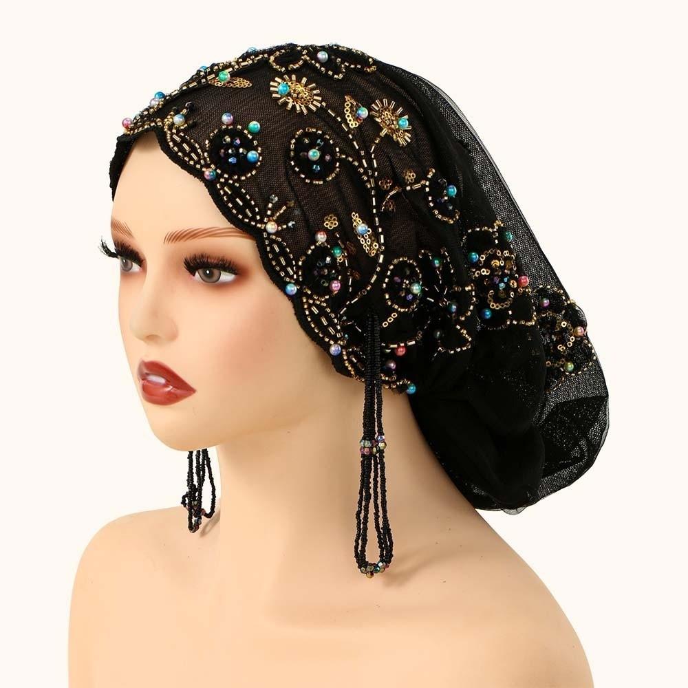 Shiny Beads Turban Hat Long Tassel Indian Headscarf Mesh Turban Fishtail Cap Religious Prayer Style 6