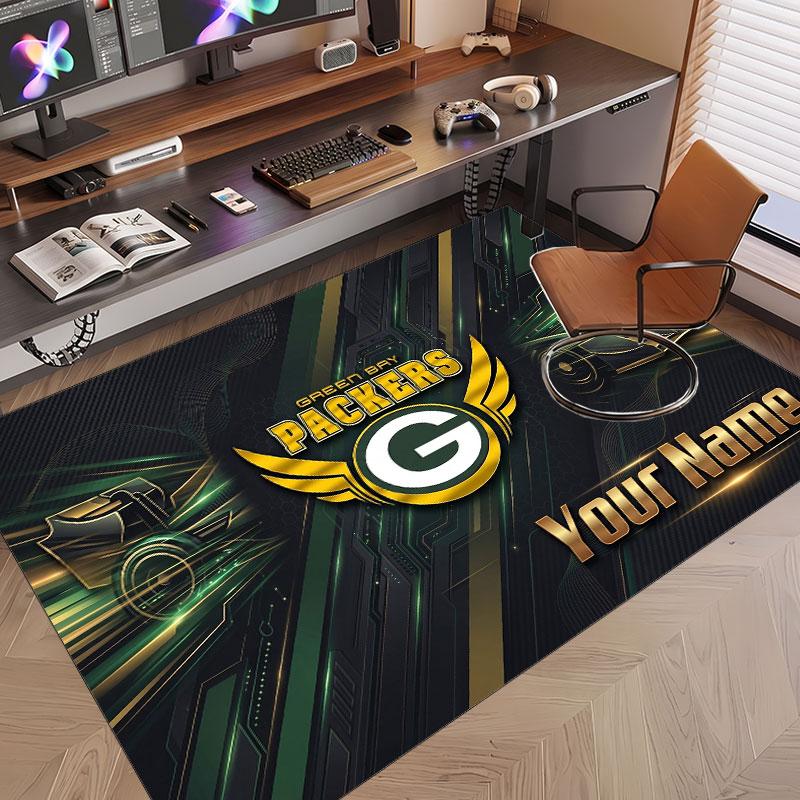 Custom Rug Green Bay Packers Pattern Print Name Text Soft Non‑Slip Floor Carpet for Home Indoor Decoration