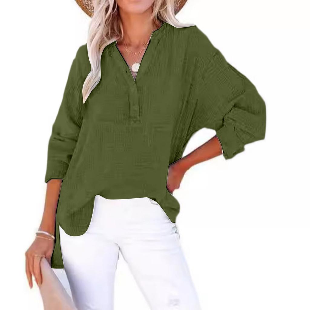 Fashion Women's Pleated Button Long Sleeve Solid Color Tops Women's Shirt Pullover