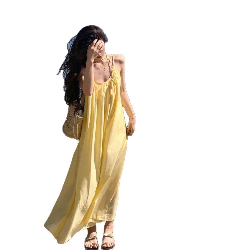 Yellow Spaghetti Strap Women's A-line Beach Dress - Summer Style, Age-Reducing, Loose Fit, Vacation Ready