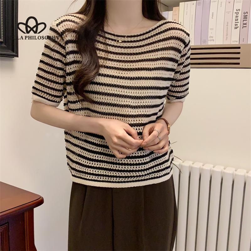 

Новый летний вязаный топ в полоску с короткими рукавами, универсальная тонкая футболка, женская модная повседневная футболка one size