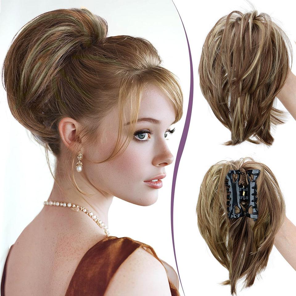 Grampo de Garra Coque Pães de Cabelo Peça de Cabelo Extensão de Rabo de Cavalo Curto Peça de Cabelo Sintético Fofo Liso para Mulheres