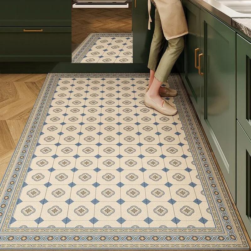 Kitchen Carpet Pvc Waterproof Non-slip Floor Mat Retro American Home Decoration Rug Plaid Plant Flower Anti-oil 50x80cm