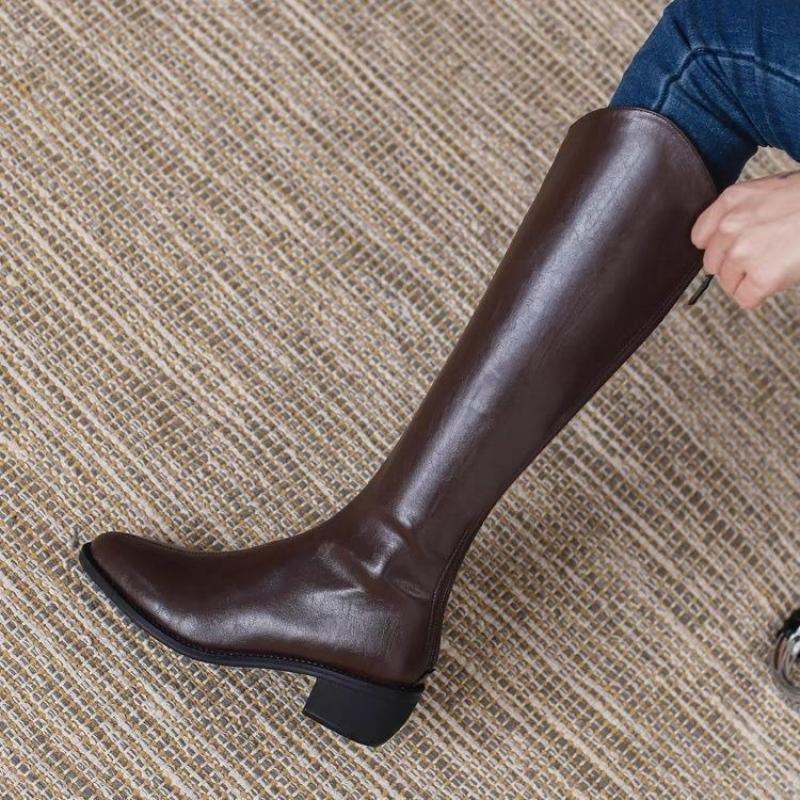 Fashion Warm Elegant Heeled Pointed Toe Knee High Shaft Shoes Woman Demi-season Waterproof New in Comfortable Pu 39 Long Boots for Women