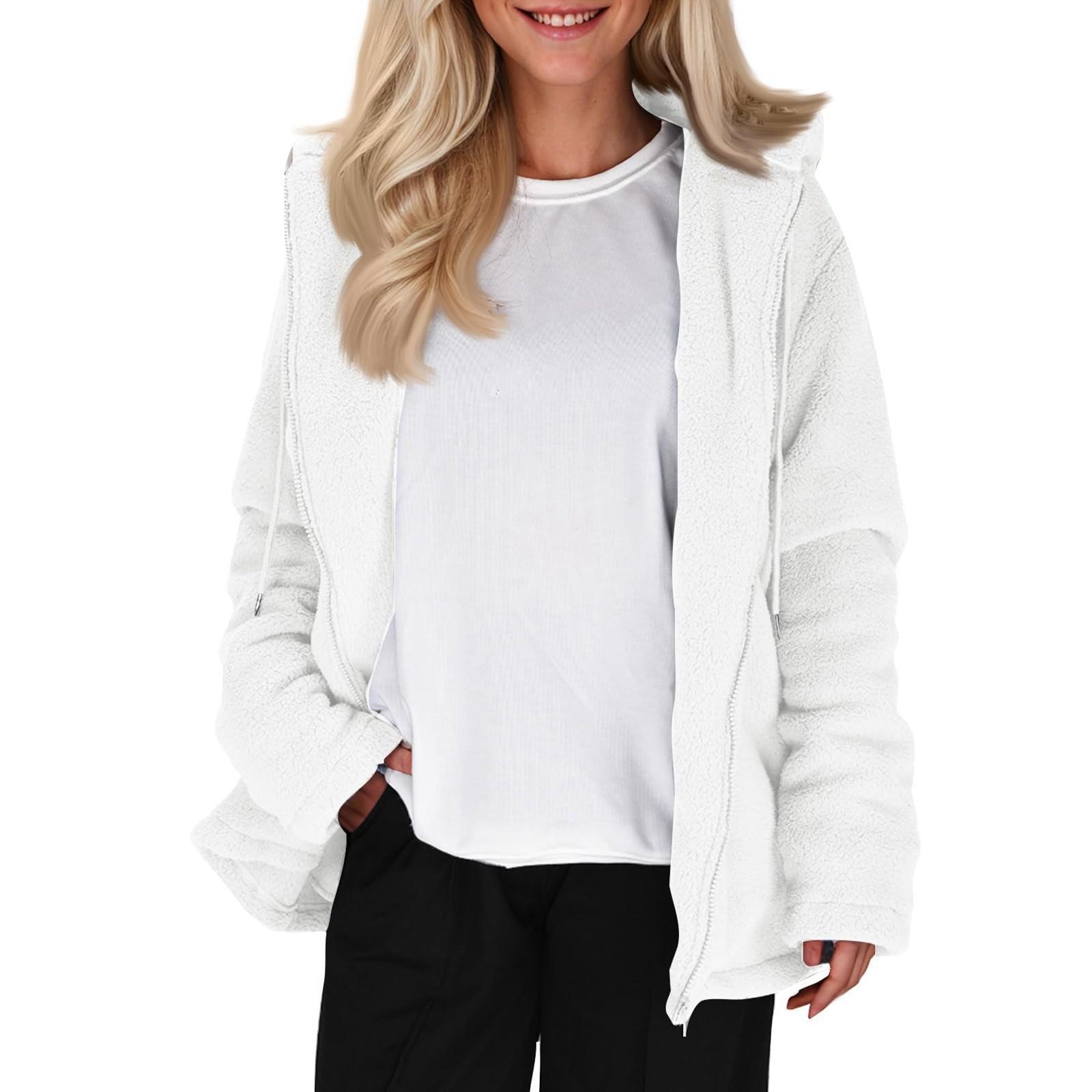 

Женское модное однотонное пальто с длинными рукавами, свободная плюшевая куртка с капюшоном на молнии XL белый