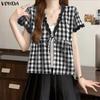 Summer Women V Neck Short Sleeve Patchwork Plaid Print Casual Blouse