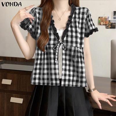 Summer Women V Neck Short Sleeve Patchwork Plaid Print Casual Blouse