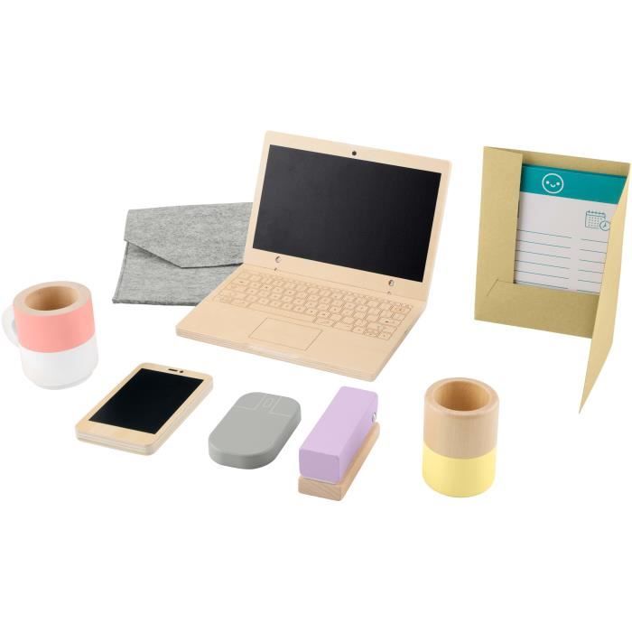 FISHER-PRICE Set de télétravail en Bois, 9 éléments avec ordinateur portable et téléphone en bois HXV11