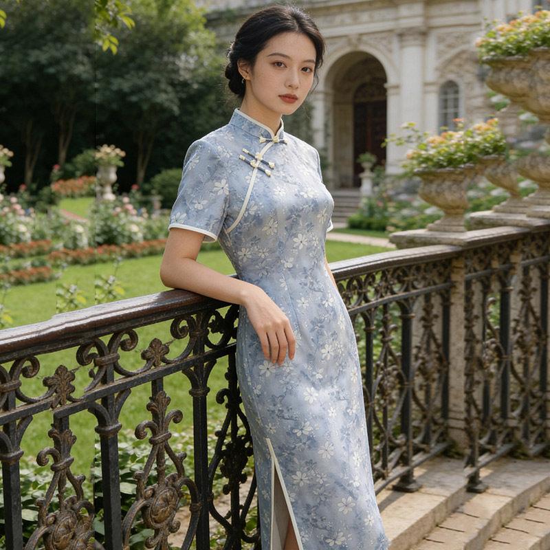 Blue National Style New Chinese Style Daily Suzhou Long Cheongsam Improved Young 1011 New Women's High Sense Summer