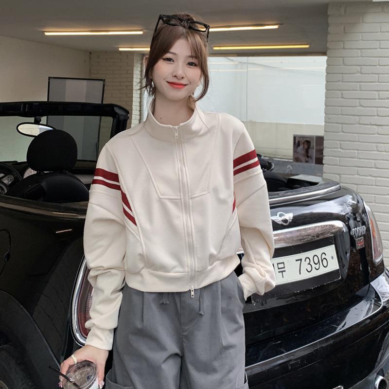 Women's Stand Collar Long Sleeve Zip Up Sweatshirt Cropped Fit Casual Jacket Vintage Fashion Top