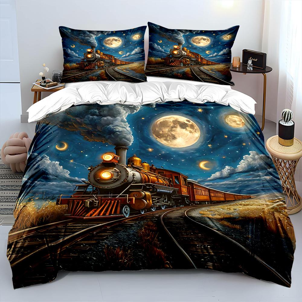 3pcs Train Under Full Moon Sky Print Bedding Set 1 Duvet Cover 2 Pillowcases for Adult and Children Luxury Gift Full Size EU Twin 135X200cm&set
