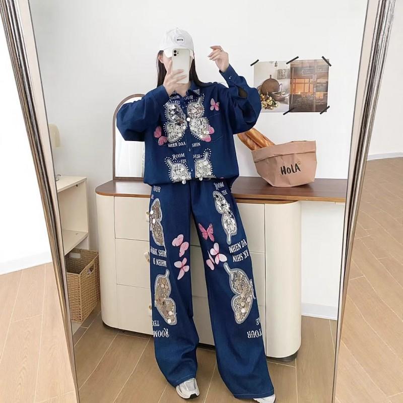 2026 Womens Vintage Denim Set Loose Jacket Wide Leg Pants Streetwear