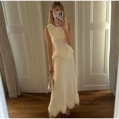 Elegant Tassels Spliced Maxi Skirt Sets Fashion O Neck Sleeveless Solid Color Slim Fit 2 Piece Set New Female Skirts Outfit