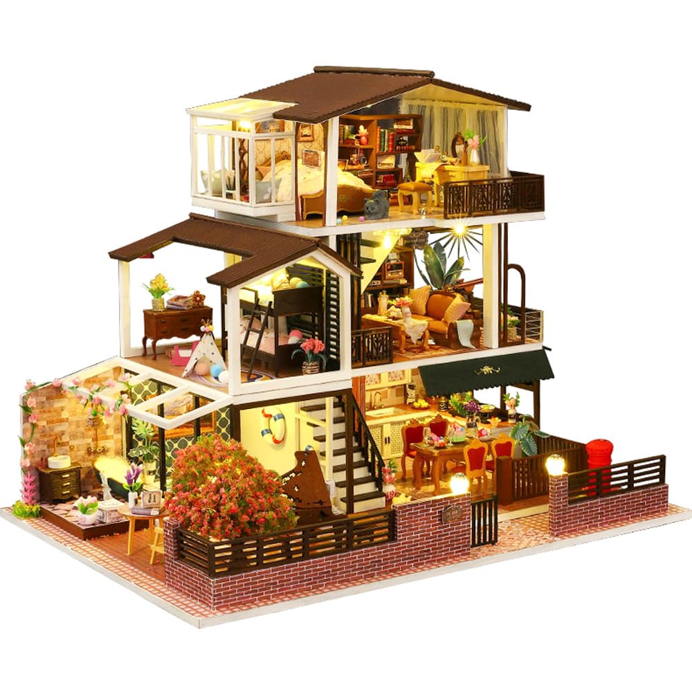 Moin Moin Dollhouse Miniature DIY Kit Set Luxury Retro X Modern LED Light Acrylic Case Music Box Cat Figure [English Instructions] Cottage, Mansion,