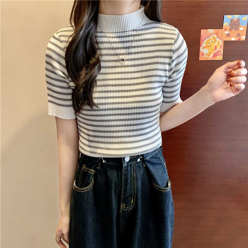 

Полосатый тонкий вязаный свитер для женщин, летний винтажный гонконгский стиль, полувысокий ворот, короткий рукав, футболка, шикарный топ L
