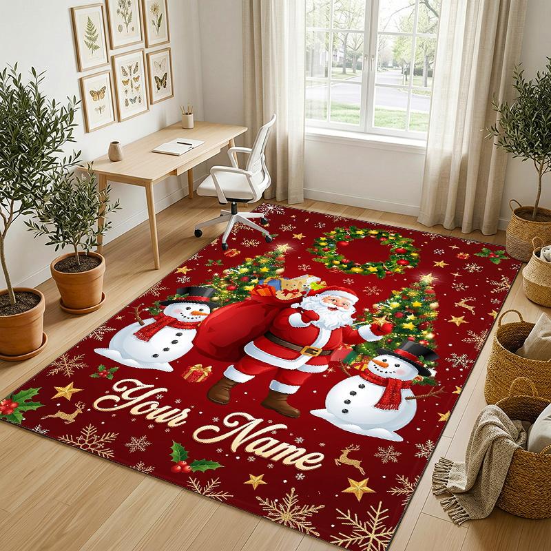 Christmas Theme Crystal Velvet Rug Personalized Custom Name Text Soft Floor Mat Home Decor