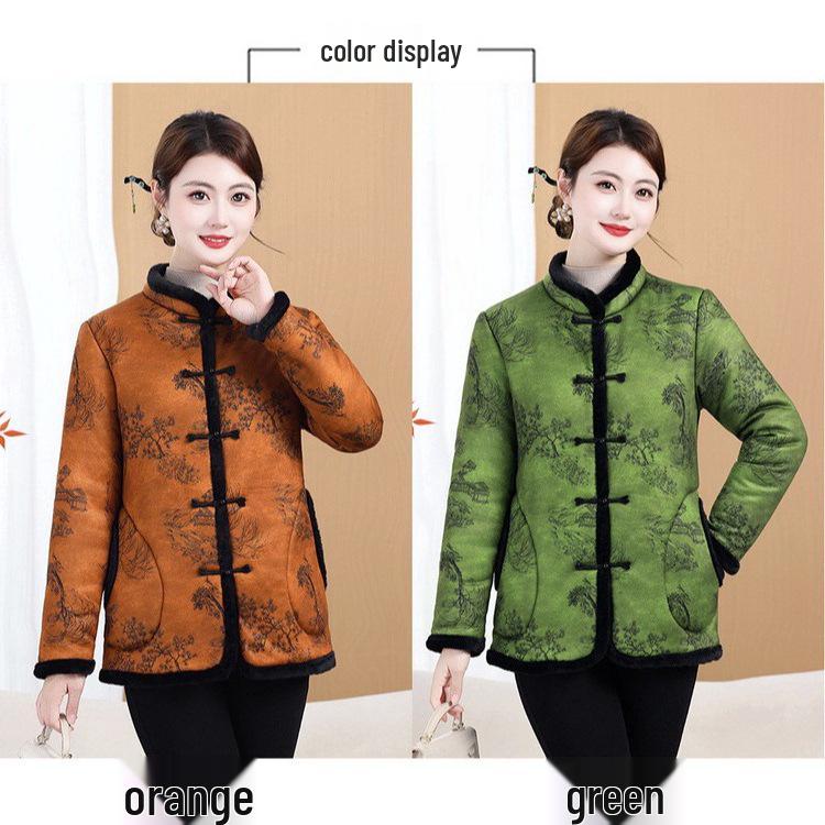 New Women's Velvet Cotton Jacket - Mid-Aged Winter Outerwear with Frog Buttons, Padded and Thickened for Warmth, Chinese Style