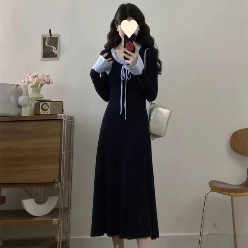 Large size bow lace-up dress for women's autumn and winter design sense splicing fungus edge long skirt