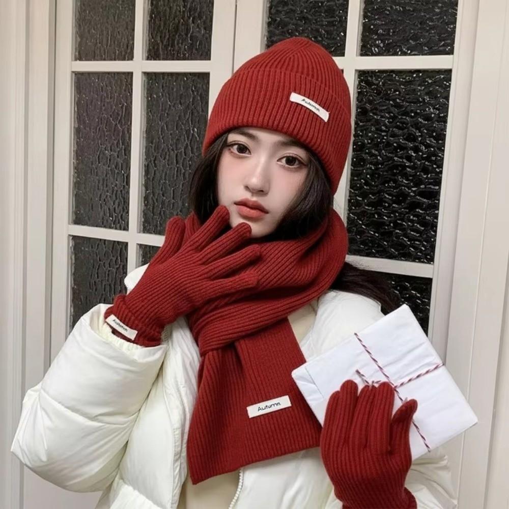 New Red Hat Scarf Gloves Set Ear Protection Thickened Knitted Woolen Cap Warm Cotton New Year Winter Beanie Hats Christmas Gift