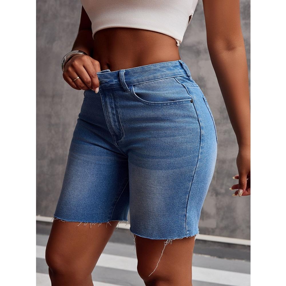 Women Summer Denim Shorts High Waist Solid Color Pockets Jean Short Pants