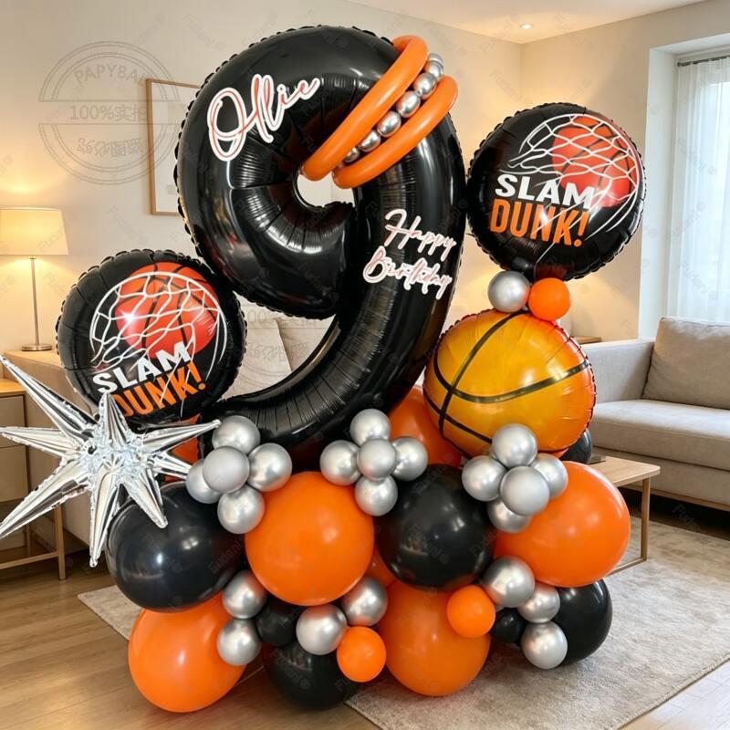 59pcs Explosion Star Basketball Balloon Set 32 Inch Black Number 1-9 Birthday Balloon Sports Theme Party Atmosphere Decoration