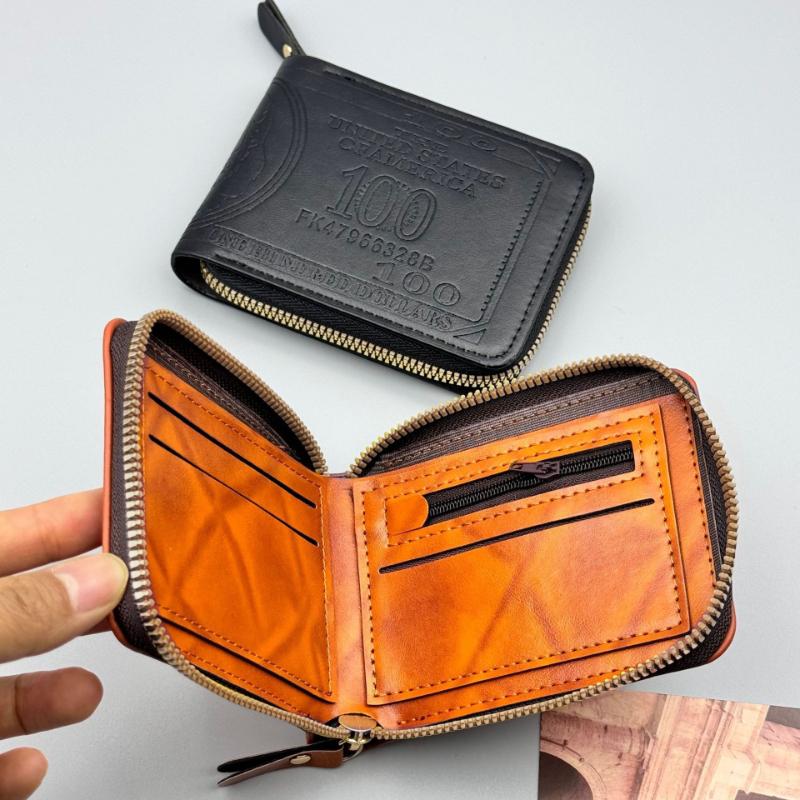 Men’s Short Zipper Wallet PU Leather Dollar Pattern Embossed Bifold Wallet Coin Pocket Card Holder Small Wallet