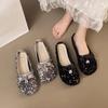 Fashion Shiny Sequin Slippers Women's Retro Style Flat Bottom Butterfly Knot Casual Summer Sandals Half Slip On Shoes Evening Breeze