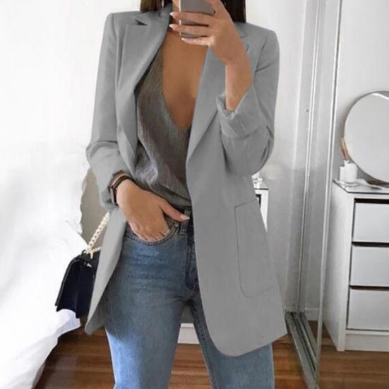 Women Suit Coat Lapel Long Sleeve Open Front Suit Jacket with Pockets Solid Color Slim Fit Office Work Basic Outerwear
