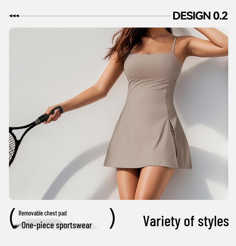 Yoga Fitness One-Piece Spaghetti Strap Tennis Dress with Chest Pad and Anti-Exposure Skirt