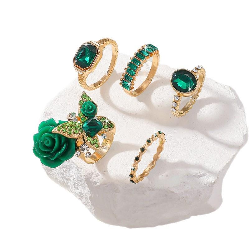 Retro Exquisite Fashionable 3D Rose Butterfly Ring 5-piece Set
