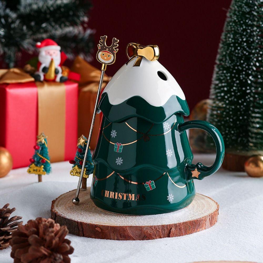 with Lid and Spoon Christmas Tree Ceramic Mug Ceramic Christmas Coffee Cup Decorative   Beer