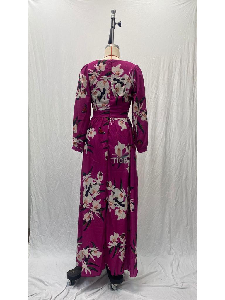 2025 Summer Women's V-Neck Long-Sleeved Printed Swing Dress