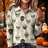 Women's Casual Long Sleeve Knit Top with Halloween Print and Lapel Collar