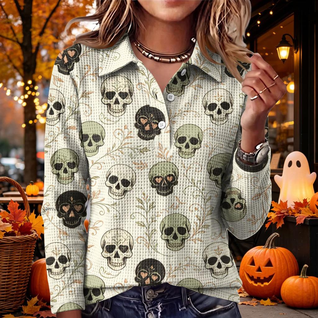 Women's Casual Long Sleeve Knit Top with Halloween Print and Lapel Collar