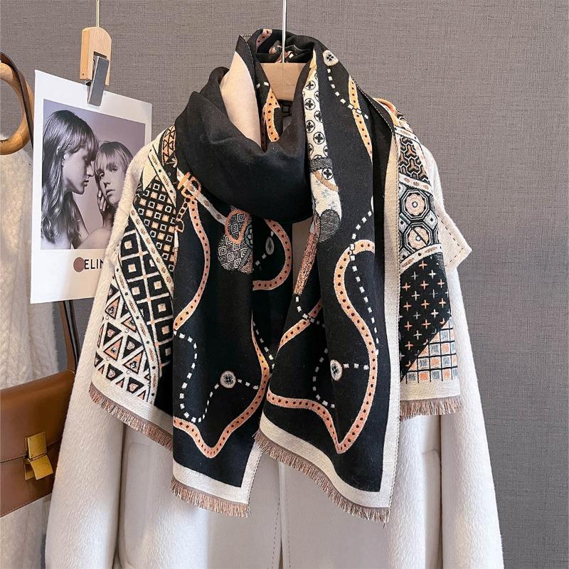 Autumn and Winter New Imitation Cashmere Scarf Thickened and Lengthened Horse Printing Scarf Antique Versatile Shawl with Dual-purpose Outside