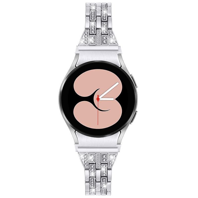 

For Samsung Galaxy Watch4 Active 40mm/44mm/Watch4 Classic 42mm/46mm Bracelet Metal Watch Band 5 Beads 2 Rows Bling Rhinestone Replacement Strap Silver