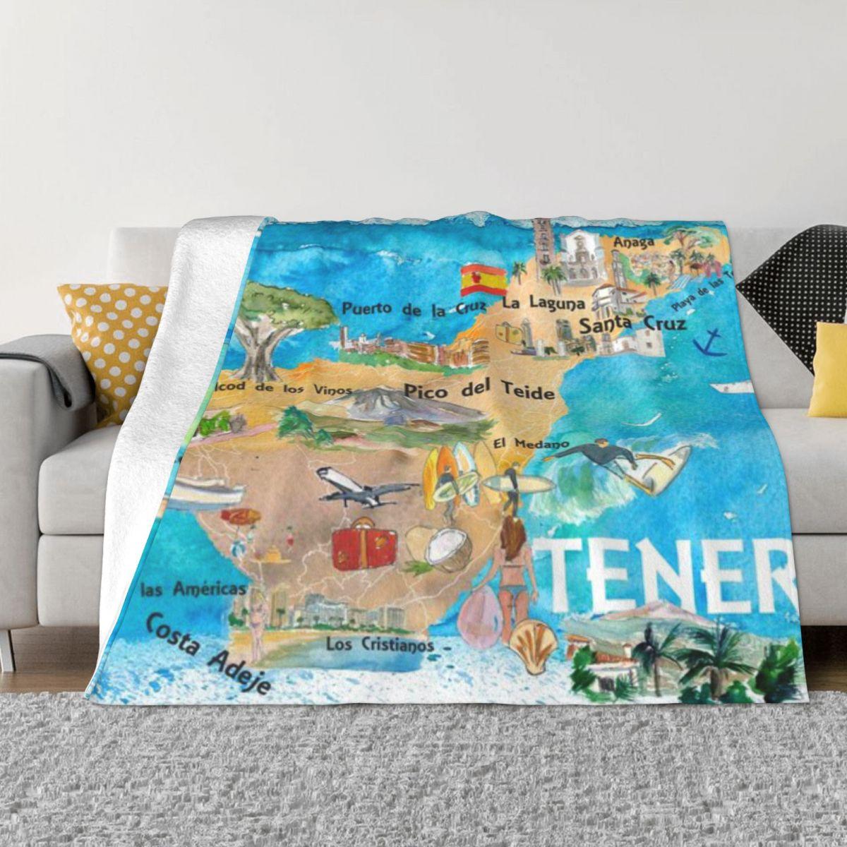 Tenerife Canarias Spain Illustrated Map With Landmarks And Highlights Personalized Gift An Ultra-Soft Micro Fleece Blanket 50x60in