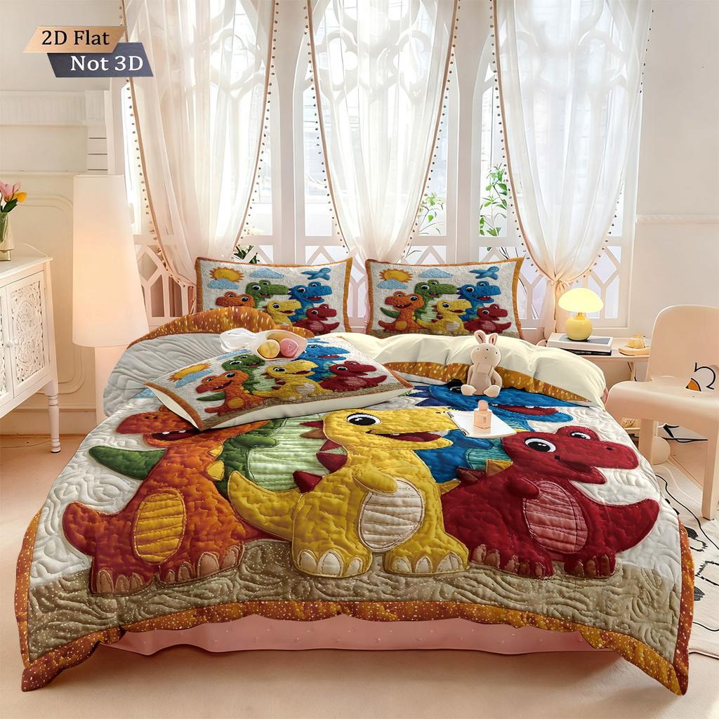 3Pcs Cartoon Dinosaur Animal Print Coreless Down Comforter Set Comfortable Bedroom Dormitory Bedding Decoration Machine Washable