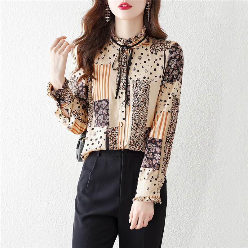 Splicing Printed Shirt Women's Long Sleeved Lace Up Ruffle Edge Shirt Casual Versatile Top