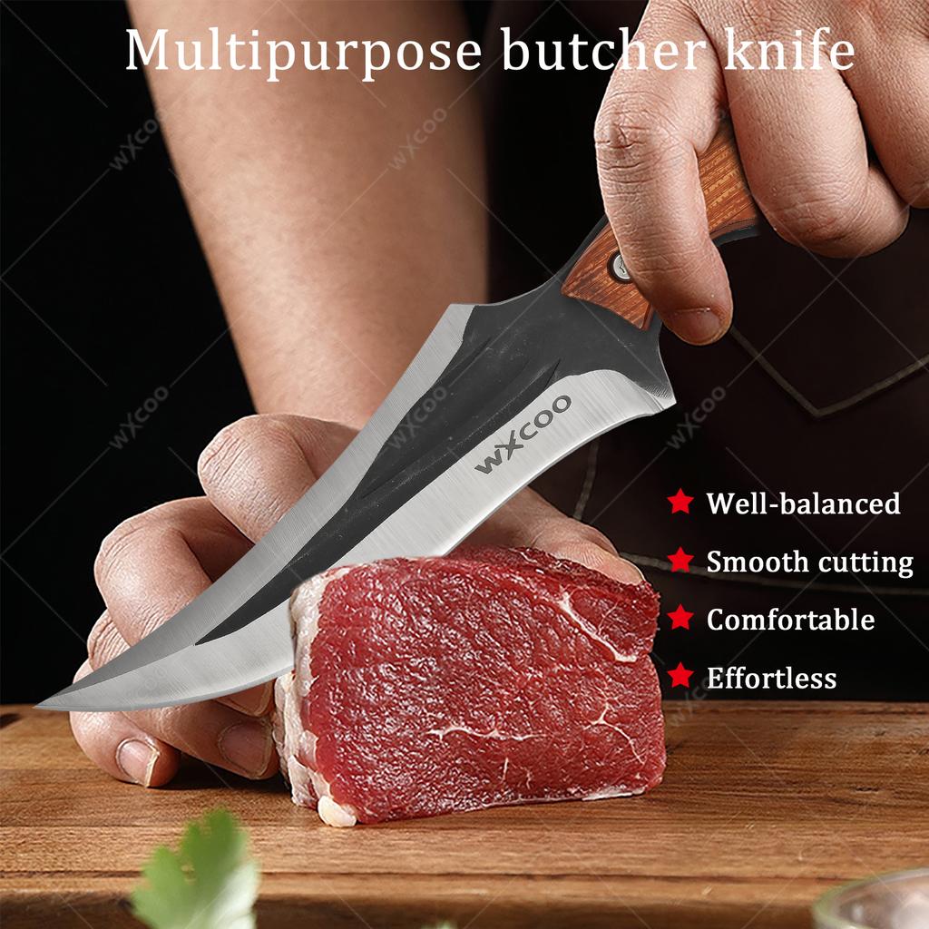 Edelstahl Hackmesser Ausbeinmesser Geschmiedetes Küchenchefmesser Fleisch Fisch Obstmesser Professionelles Metzgeresser mit Abdeckung