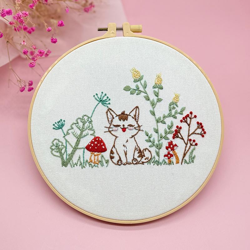 

Набір для вишивки мультяшного кота з англійським посібником для початківців - Ідеально підходить для вітальні, спальні або як дитячий подарунок. 20cm Faux Bamboo Hoop