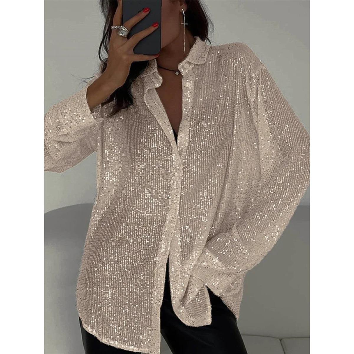 

Sequin Loose Fashion Shirts Female Casual Lapel Cardigan New Outwear Glitter Party Blouse Luxury Women s Shirt XXXL бежевий