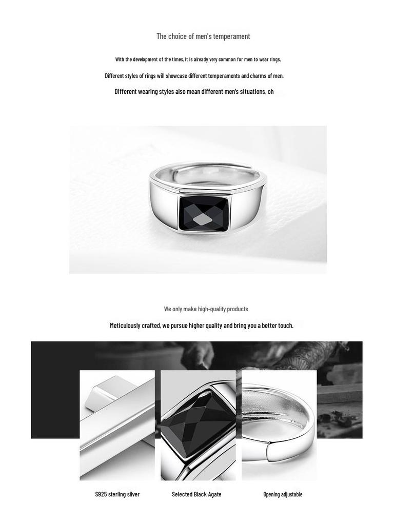 925 Sterling Silver Men's & Women's Open Ring with Black Agate - Elegant and Unique Design