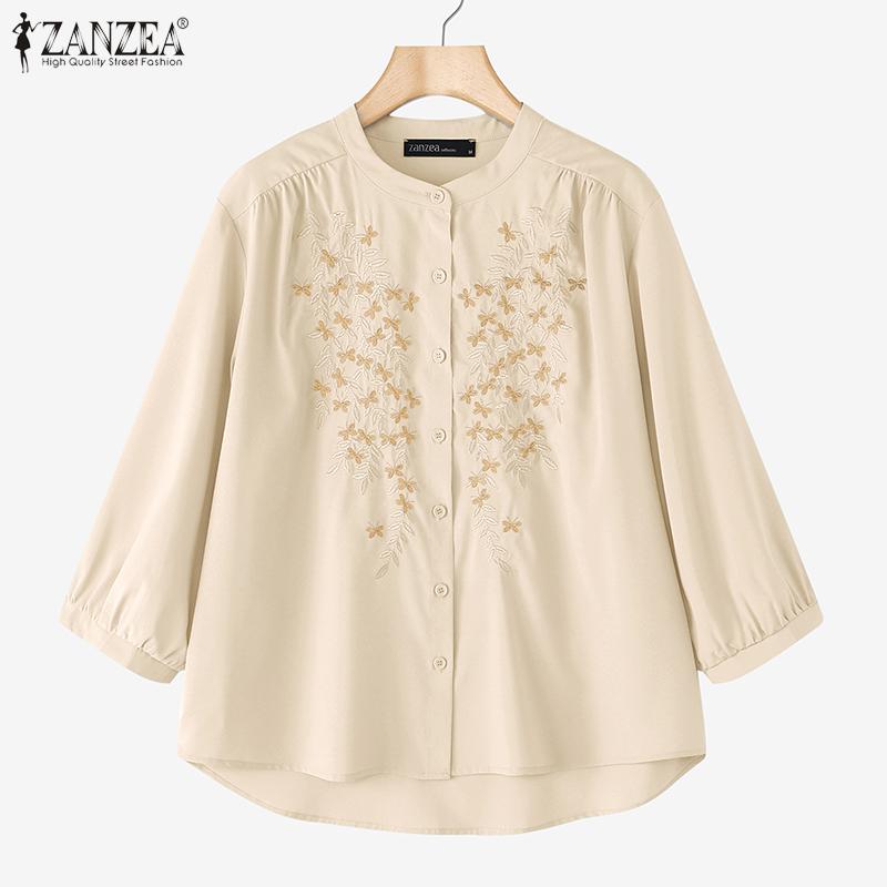 ZANZEA Women Casual Round Neck 3/4 Sleeve Loose Embroidery Print Blouse