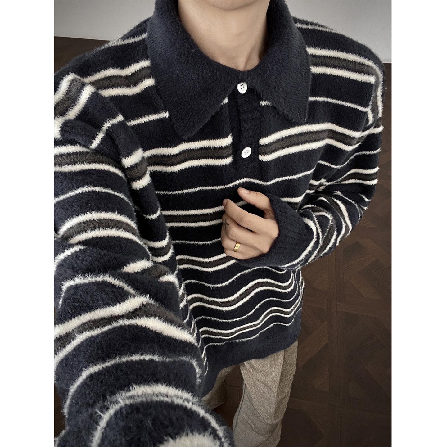 

Men s Faux Mink Striped Polo Collar Sweater - Autumn/Winter Retro High-End Loose Knitwear XXL темно-синього кольору