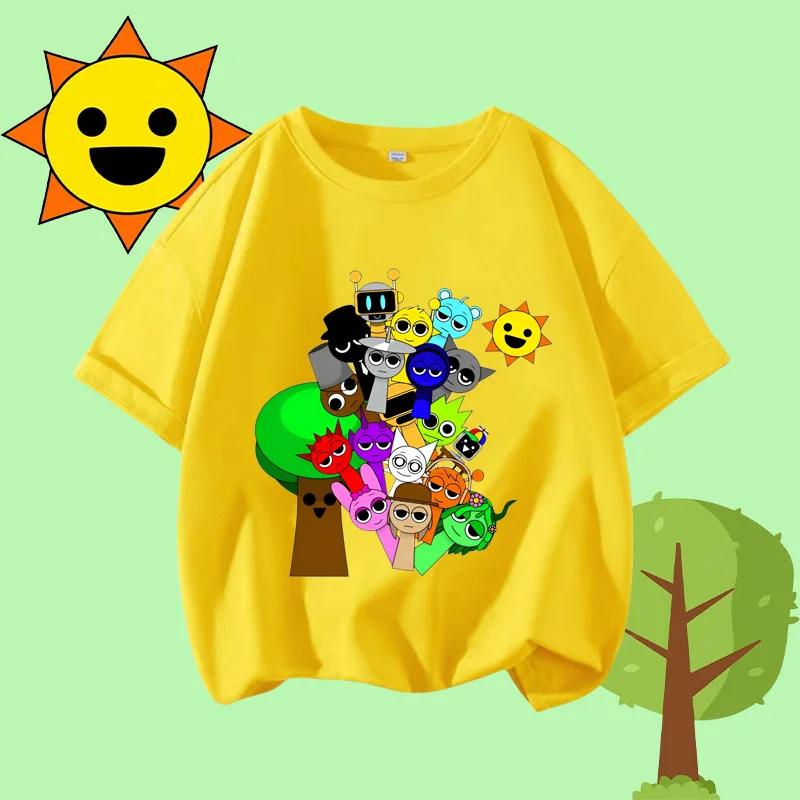 Cartoon Sprunki Character Printed Kids T-shirt Pure Cotton Short-sleeved White Top Cartoon Children's Clothing for Boys