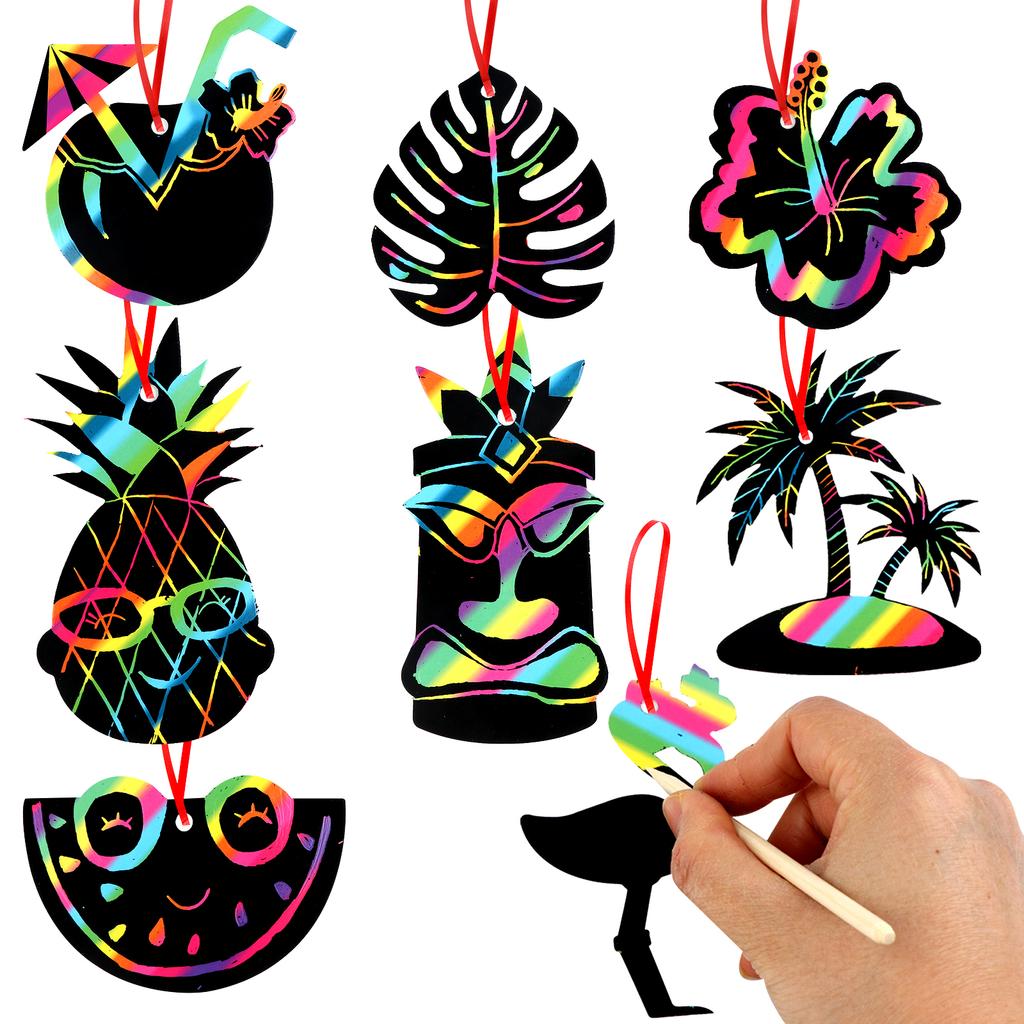 64 Pcs Hawaiian Theme Scratch Cards Art Magic Rainbow Scratch Cards Flamingo