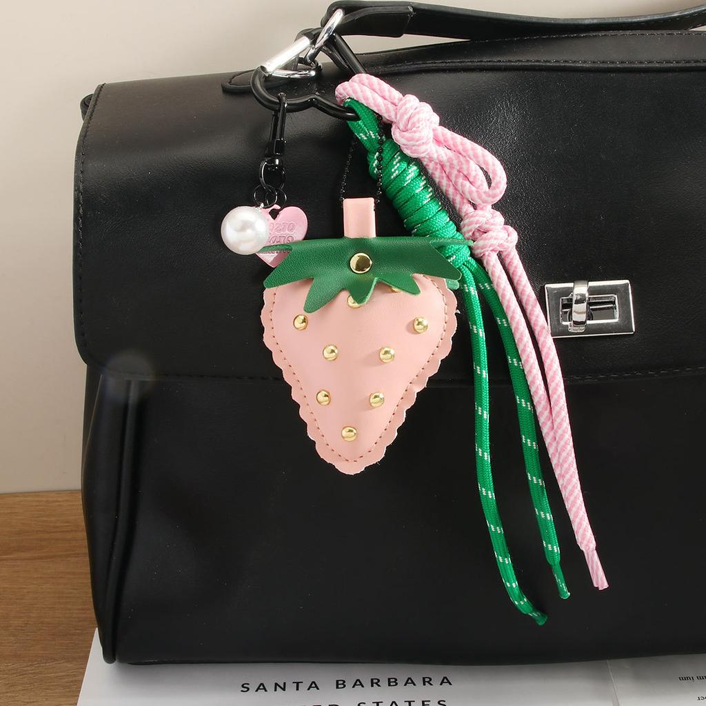 Cute leather strawberry pendant keychain braided rope love mobile phone chain bag pendant advanced sense