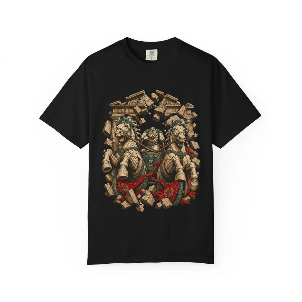 Headless Chariot Marble Horses T-Shirt Black Front Print Comfort Colors 1717