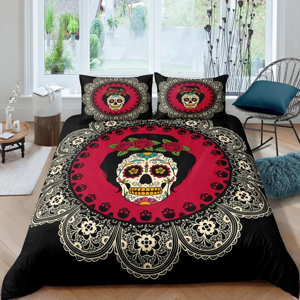 Sugar Skull Bedding Sets King Beauty Kiss Skull Duvet Cover Bed Set Bohemian Print Black Bedclothes Queen Size Bedline